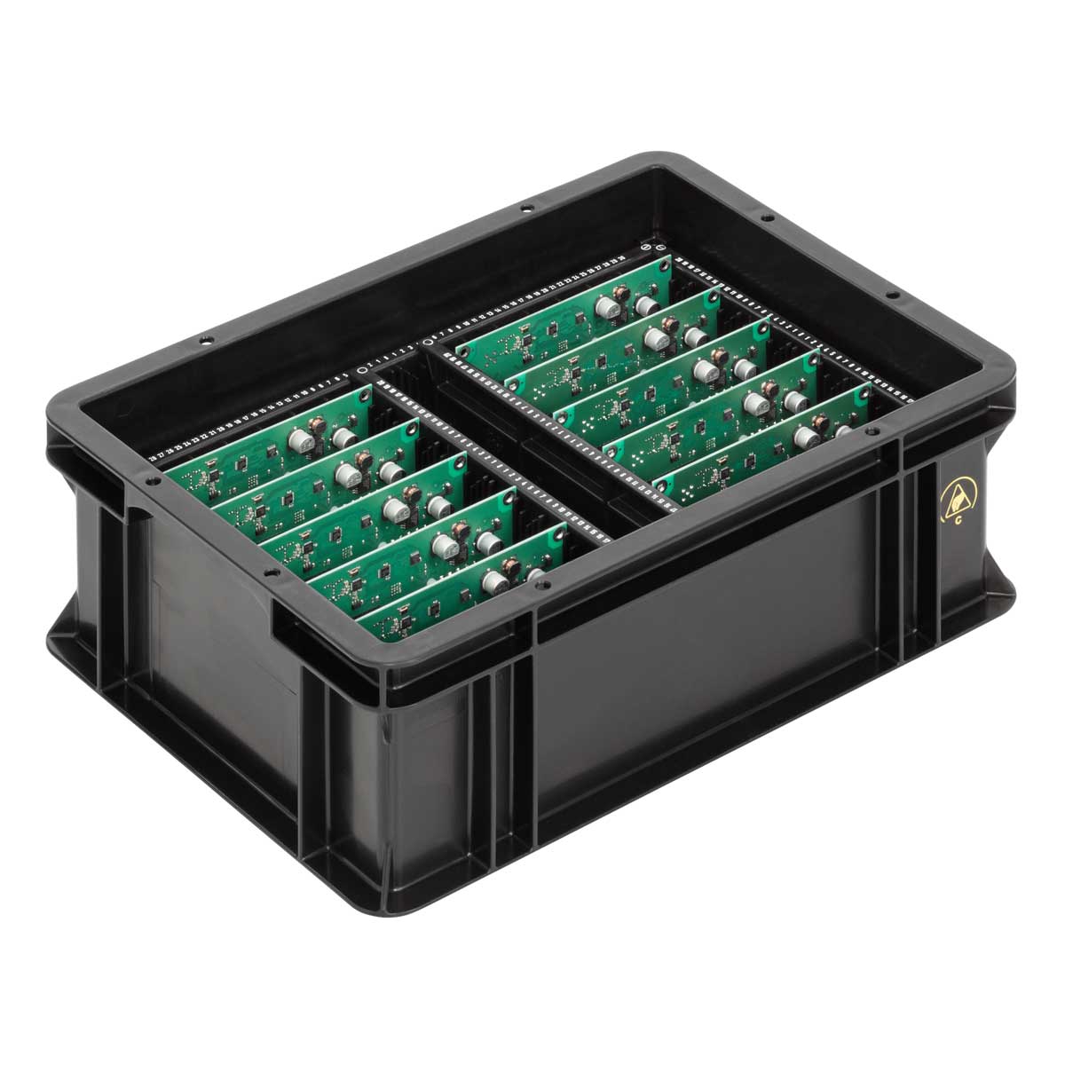 ESD Behälter mit Leiterplattenhaltern Printorama